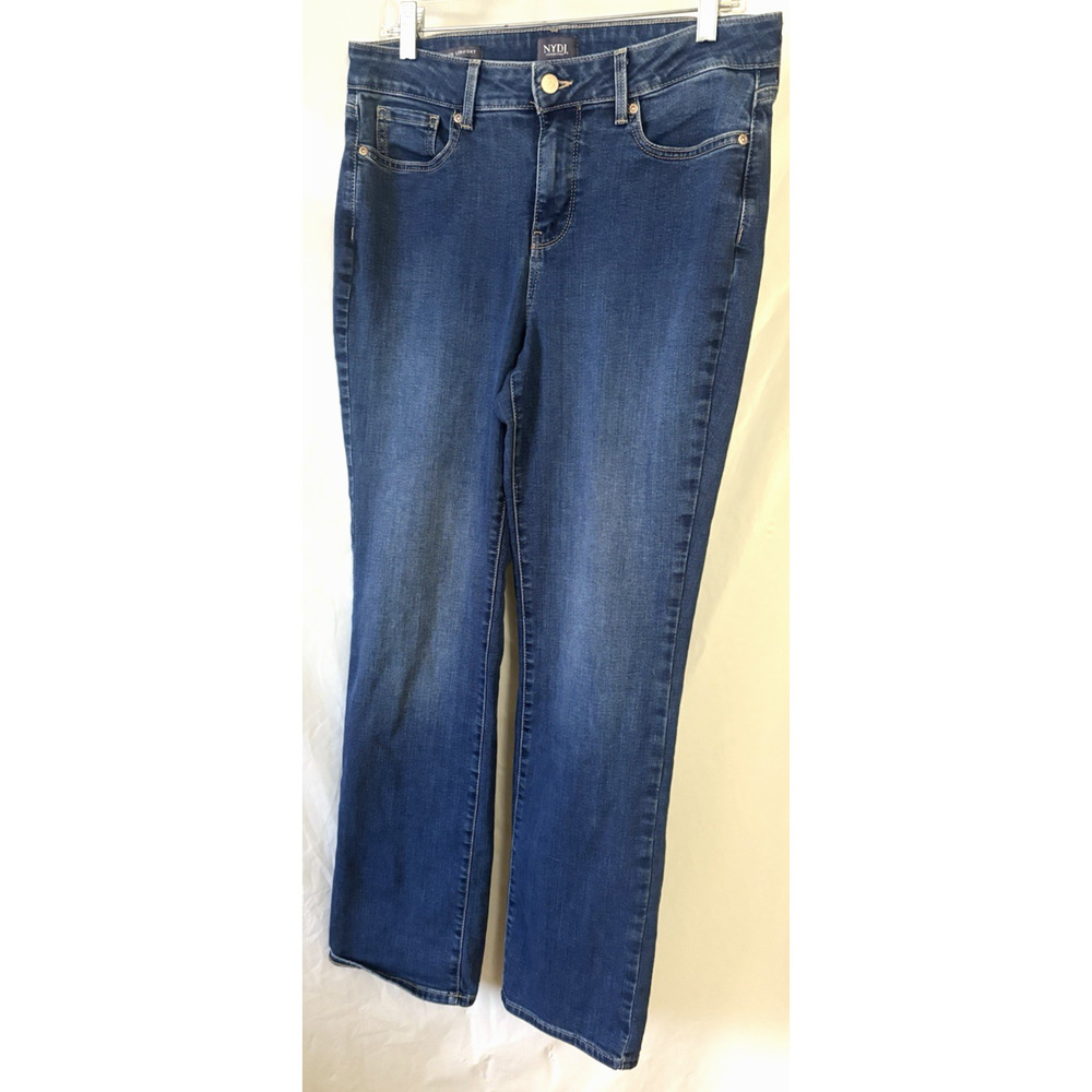 NYDJ Womens Sz 10 Designer Blue Jeans Marilyn Straight Mid Rise Stretch Denim